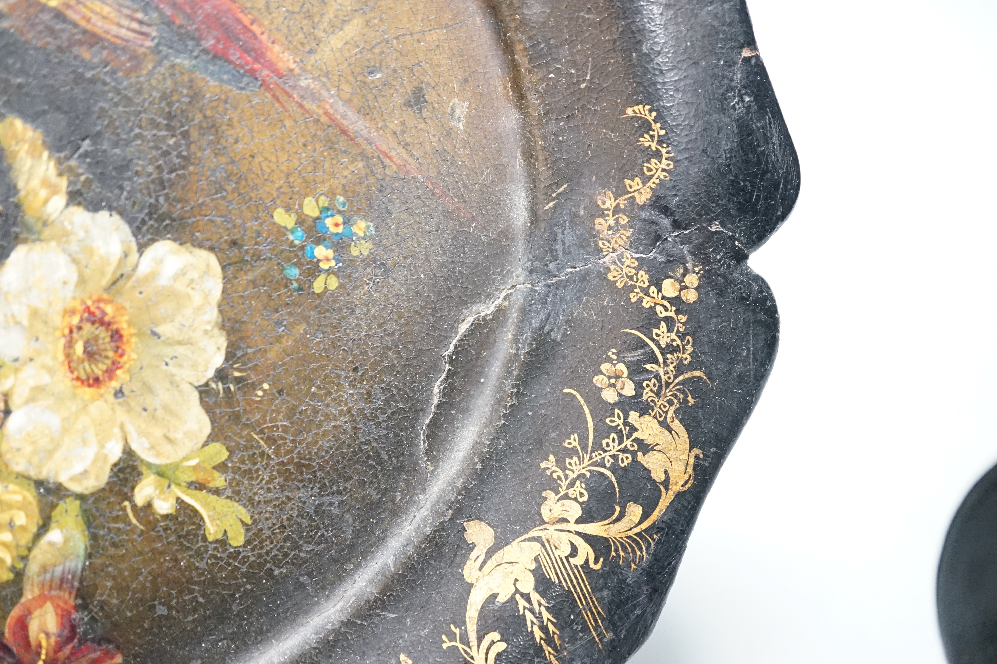 A Victorian papier mache stationary rack and a dish. 24cm